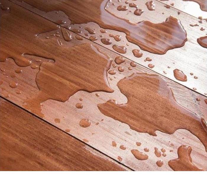 Water puddling on a hardwood floor.